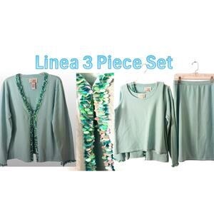 Linea 3 Pc Formal Cardigan Sweater Set Sz L AQUA SKY BLUE Sequins Knit was $350